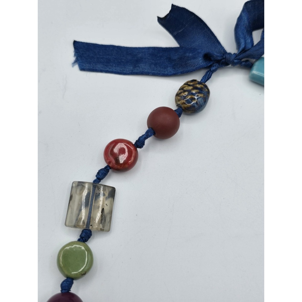 VINTAGE Chunky Multicolored 27-Beaded Adjustable Necklace Strung On Blue Ribbon - Picture 5 of 10